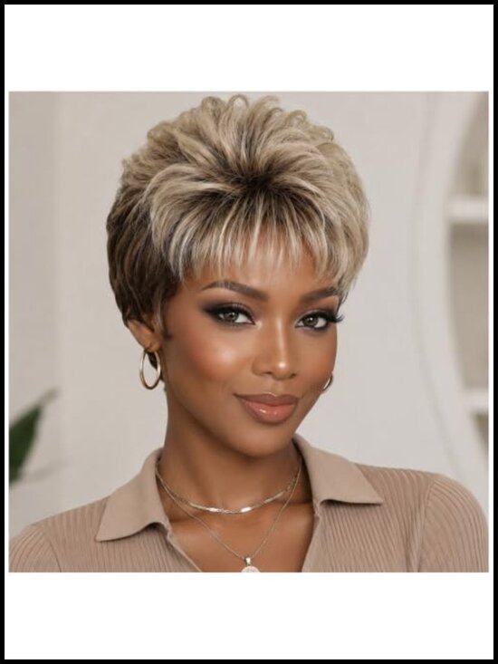 Short Blonde Pixie Cut Wig for Black Women, Layered Bangs, Synthetic Heat main image 4